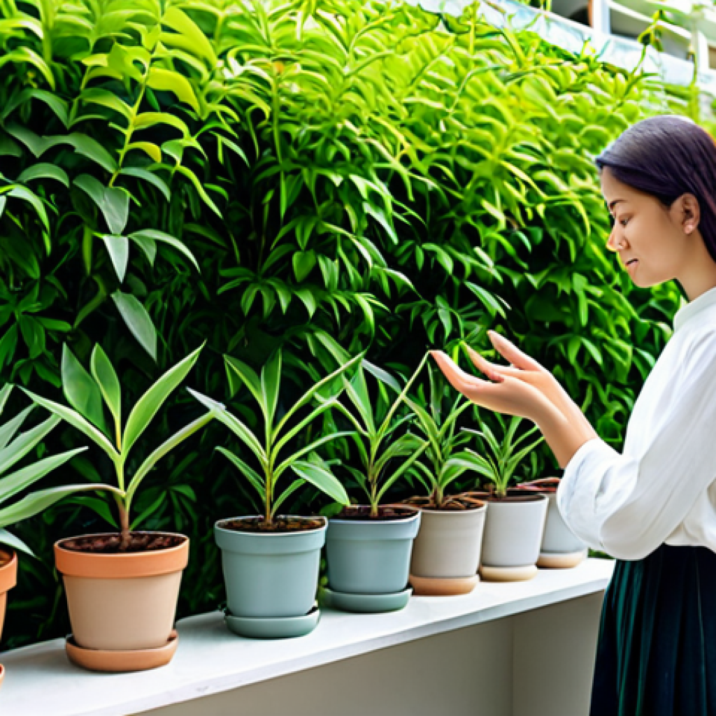A serene individual, fully clothed in modest, comfortable casual attire, is peacefully tending to lush potted plants on a tranquil urban balcony garden. The space is vibrant with green foliage and delicate blooms, bathed in soft, natural morning light. The person exhibits a calm, reflective expression, embodying a deep sense of peace and connection with nature in their personal green oasis. Perfect anatomy, correct proportions, natural pose, well-formed hands, proper finger count. Professional photography, high quality, safe for work, appropriate content, family-friendly.