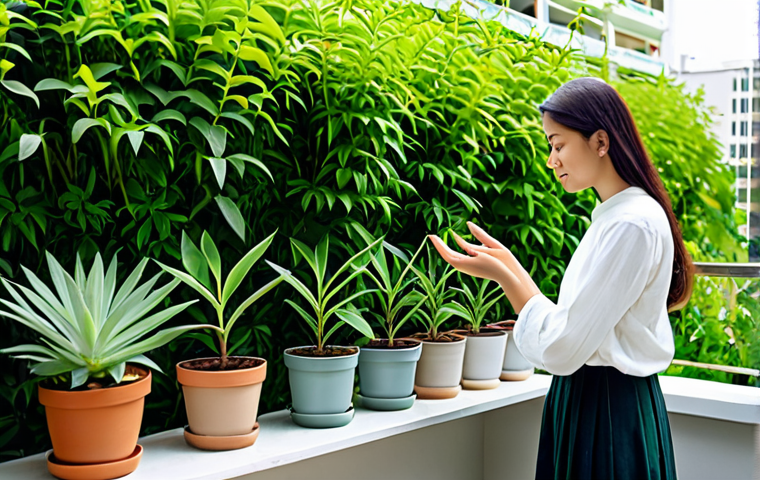 A serene individual, fully clothed in modest, comfortable casual attire, is peacefully tending to lush potted plants on a tranquil urban balcony garden. The space is vibrant with green foliage and delicate blooms, bathed in soft, natural morning light. The person exhibits a calm, reflective expression, embodying a deep sense of peace and connection with nature in their personal green oasis. Perfect anatomy, correct proportions, natural pose, well-formed hands, proper finger count. Professional photography, high quality, safe for work, appropriate content, family-friendly.